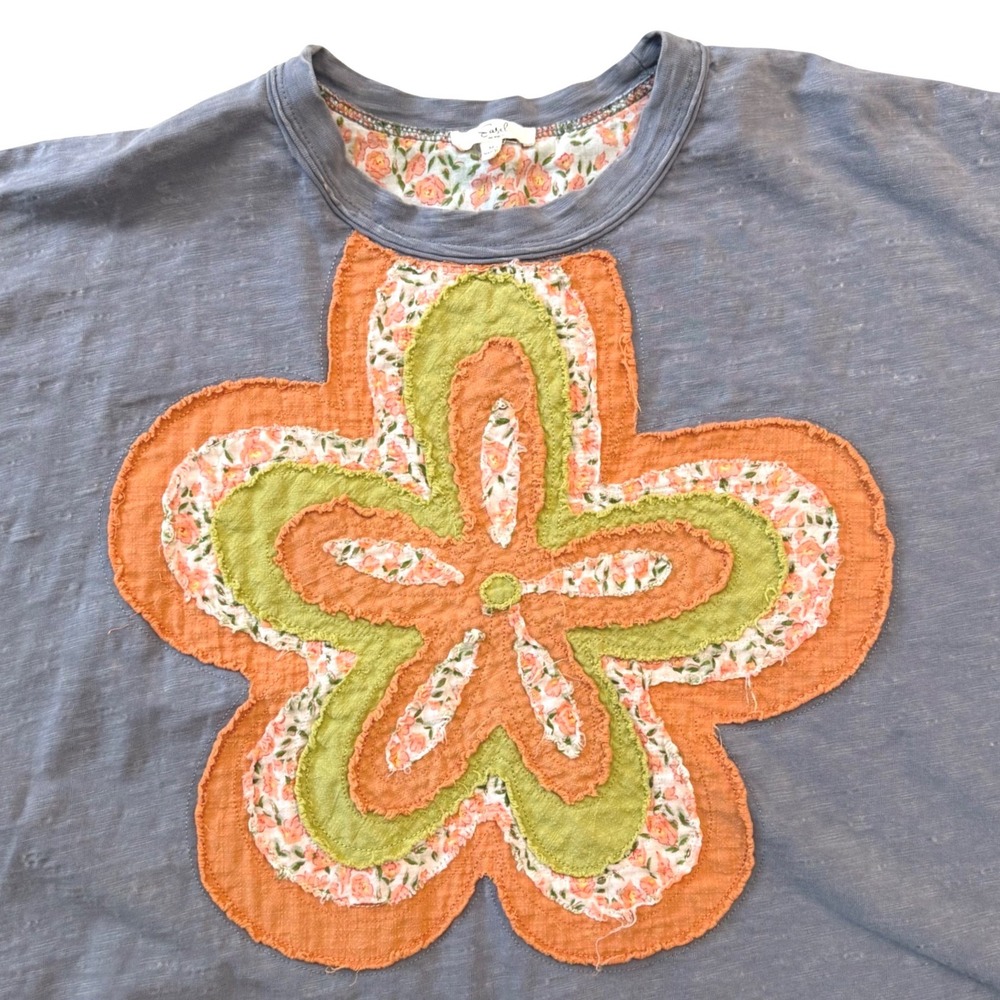 Easel Slate Mineral Wash Flower Patch Oversized Slub Cotton Crop Top Boho M - Picture 3 of 8